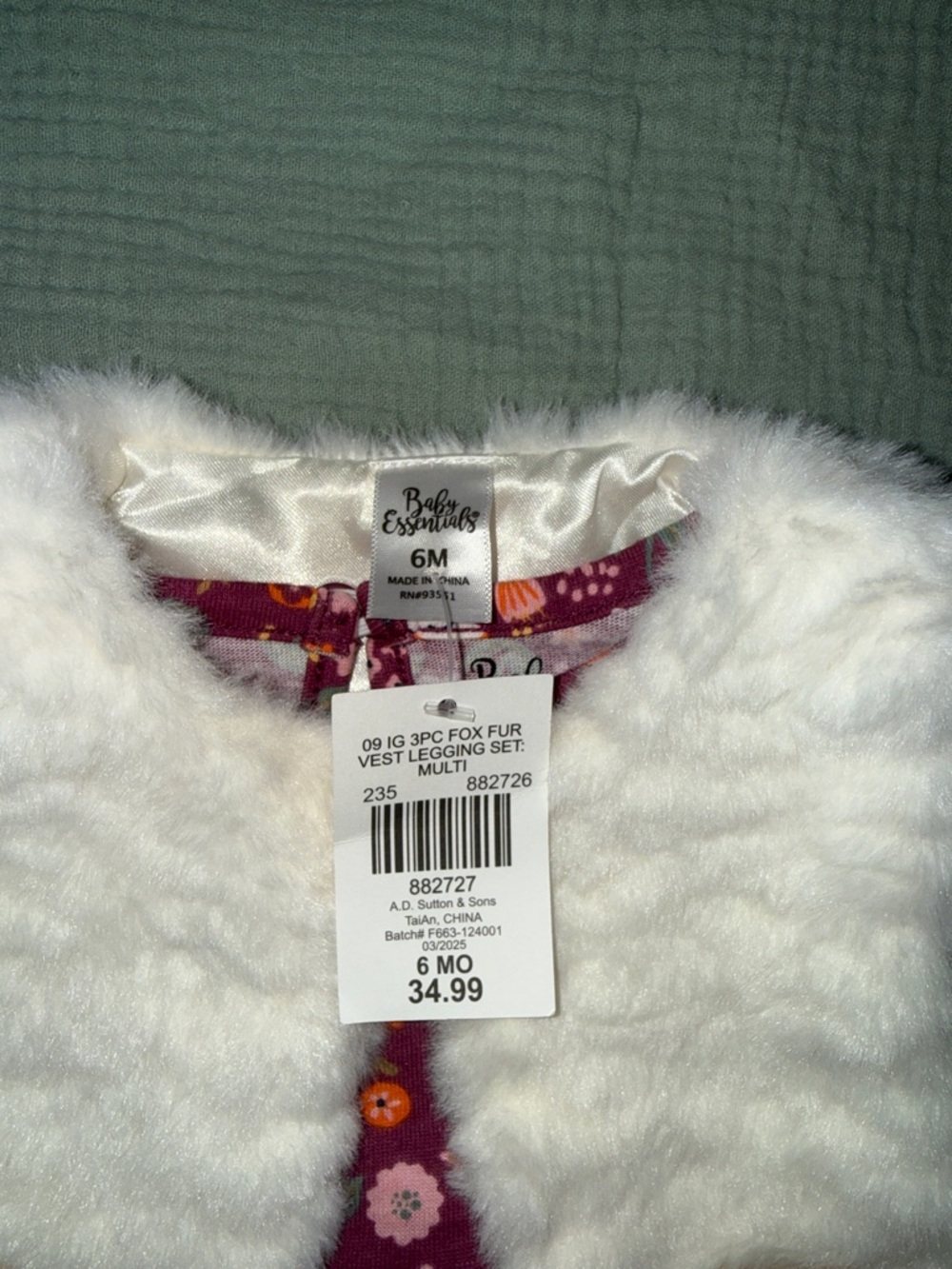 NWT Baby Essentials Fox Print Dress & Faux Fur Vest Set 6M Purple - Picture 2 of 3